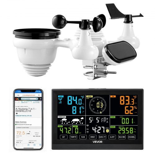 7-in-1 Wi-Fi Weather Station, 7.5-Inch VA Display, Solar Powered Wireless Outdoor Sensor, Home Weather Station Indoor Outdoor, for Temperature, Humidity, Wind Speed/Direction, Rainfall, No APP