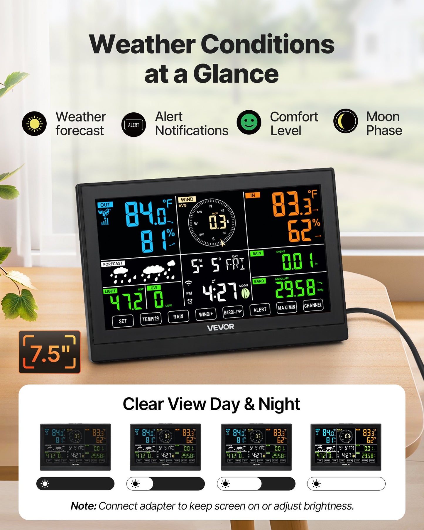 7-in-1 Wi-Fi Weather Station, 7.5-Inch VA Display, Solar Powered Wireless Outdoor Sensor, Home Weather Station Indoor Outdoor, for Temperature, Humidity, Wind Speed/Direction, Rainfall, No APP