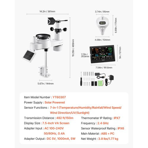 7-i-1 Wi-Fi väderstation med app, 190,5 mm display, trådlös soldriven utomhussensor, med pooltermometer, regnmätare, inomhus utomhus för väderprognos vindhastighet pooltemperatur |  EU