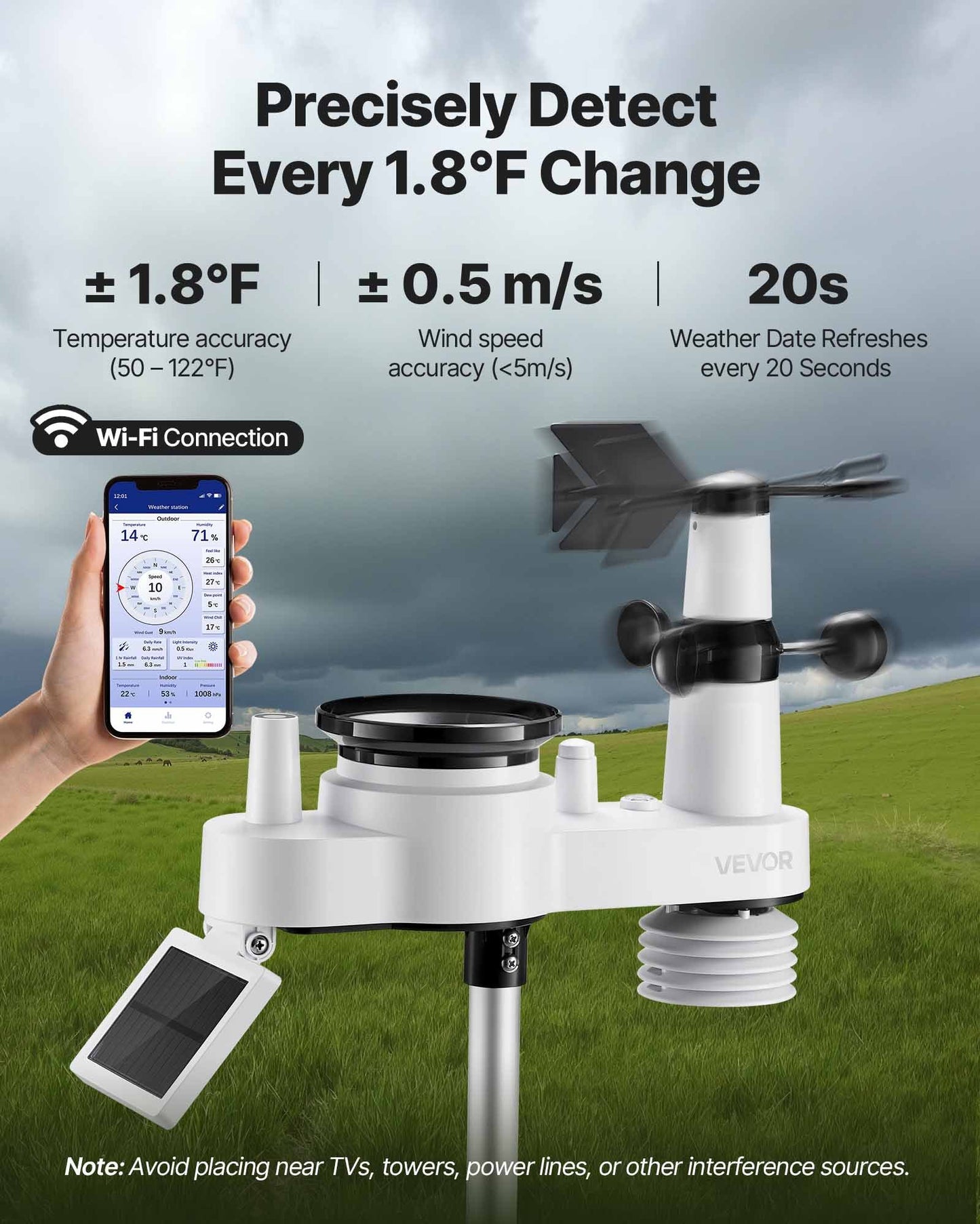 7-in-1 Wi-Fi Weather Station, 7-Inch TFT Display, Wireless Solar Powered Outdoor Sensor, Rain Gauge, Indoor Outdoor for Weather Forecast, Wind Speed Direction, Temperature, Humidity, Rainfall