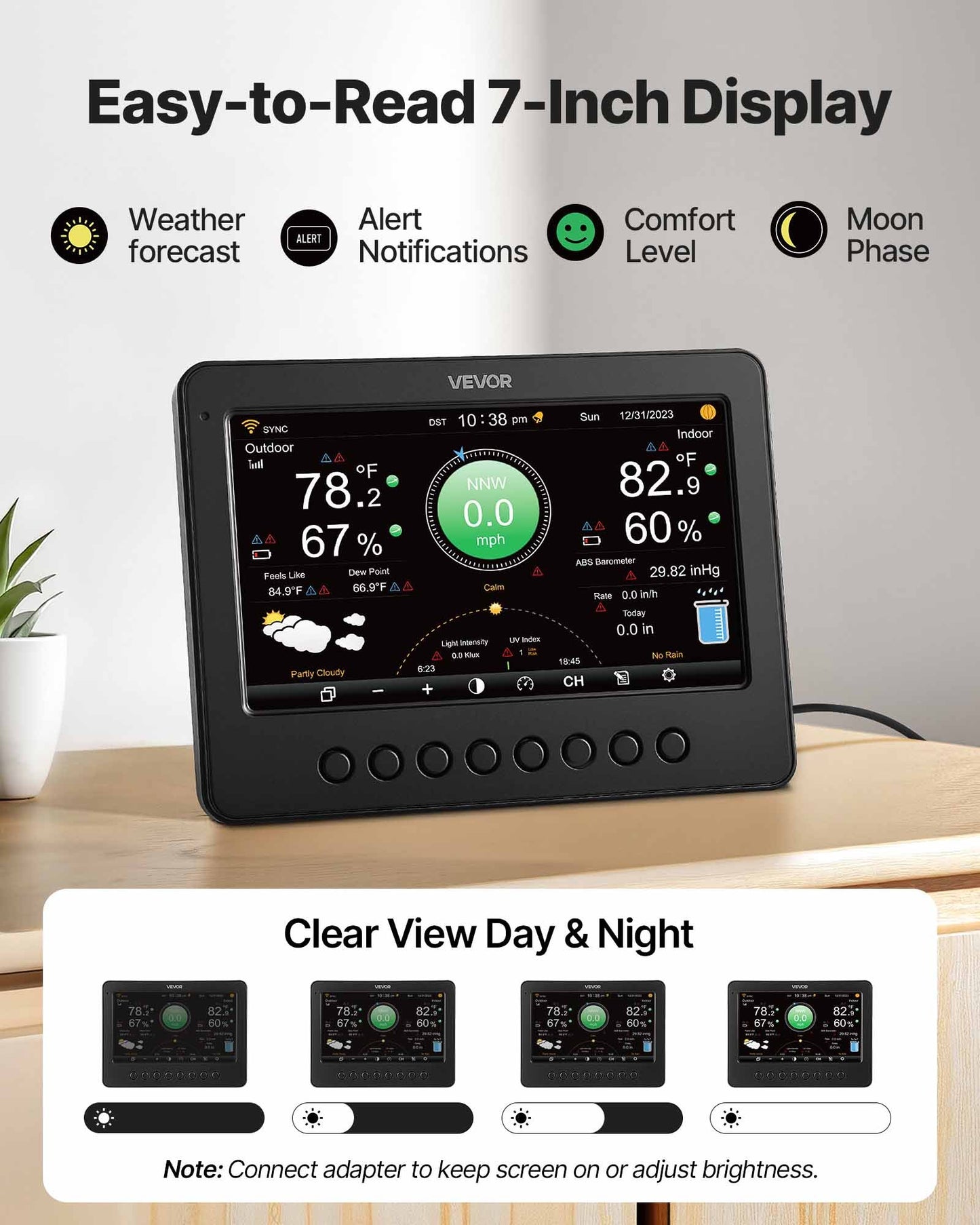 7-in-1 Wi-Fi Weather Station, 7-Inch TFT Display, Wireless Solar Powered Outdoor Sensor, Rain Gauge, Indoor Outdoor for Weather Forecast, Wind Speed Direction, Temperature, Humidity, Rainfall