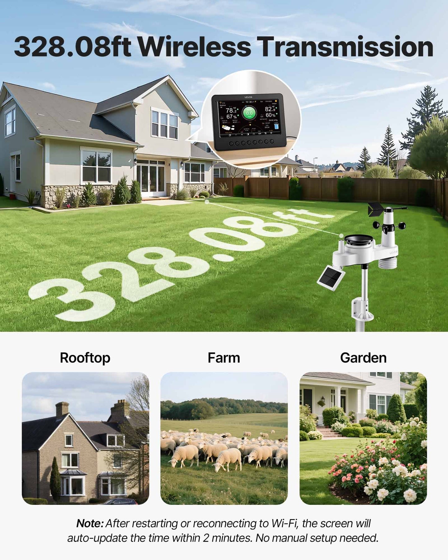 7-in-1 Wi-Fi Weather Station, 7-Inch TFT Display, Wireless Solar Powered Outdoor Sensor, Rain Gauge, Indoor Outdoor for Weather Forecast, Wind Speed Direction, Temperature, Humidity, Rainfall
