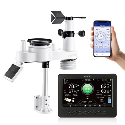 7-i-1 Wi-Fi väderstation, 177,8 mm TFT-skärm, trådlös soldriven utomhussensor, regnmätare, inomhus/utomhus för väderprognos, vindhastighet, riktning, temperatur, luftfuktighet, nederbörd |  EU