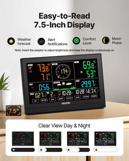 7-in-1 Wireless Weather Station, 7.5-Inch VA Display, Solar Powered Outdoor Sensor, Rain Gauge, Indoor Outdoor for Weather Forecast, Temperature, Humidity, Wind Speed and Direction (No WiFi)