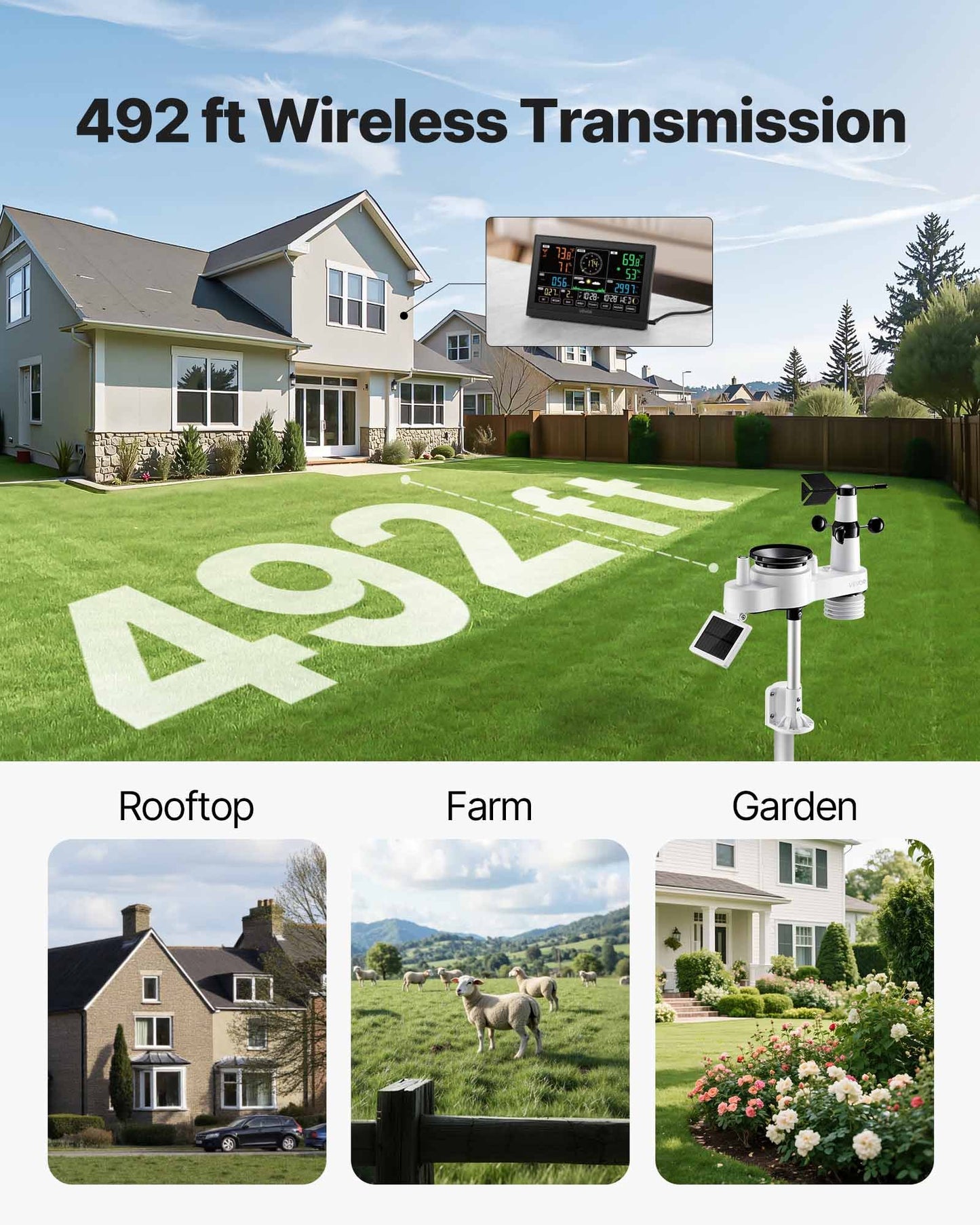 7-in-1 Wireless Weather Station, 7.5-Inch VA Display, Solar Powered Outdoor Sensor, Rain Gauge, Indoor Outdoor for Weather Forecast, Temperature, Humidity, Wind Speed and Direction (No WiFi)