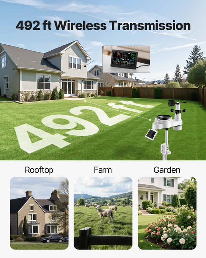 7-in-1 Wireless Weather Station, 7.5-Inch VA Display, Solar Powered Outdoor Sensor, Rain Gauge, Indoor Outdoor for Weather Forecast, Temperature, Humidity, Wind Speed and Direction (No WiFi)