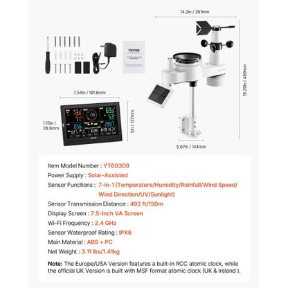 7-in-1 wireless weather station for indoor and outdoor use with sensor 7.5 inch display | EU