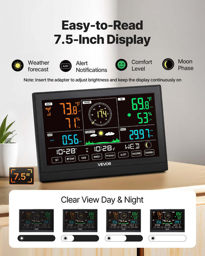 5-in-1 Wireless Weather Station, 7.5-Inch VA Display, Solar Powered Outdoor Sensor, Rain Gauge, Indoor Outdoor for Weather Forecast, Temperature, Humidity, Wind Speed and Direction (No WiFi)