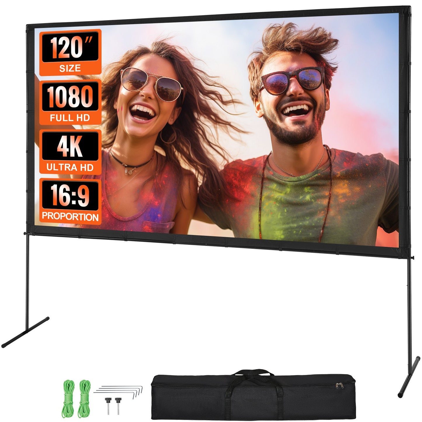 Projector Screen with Stand, 120 Inch 16:9 4K 1080 HD Outdoor Movie Screen with Stand, Wrinkle-Free Projection Screen with Bare Feet and Carrying Bag, for Home Theater Movie Backyard Movie Night