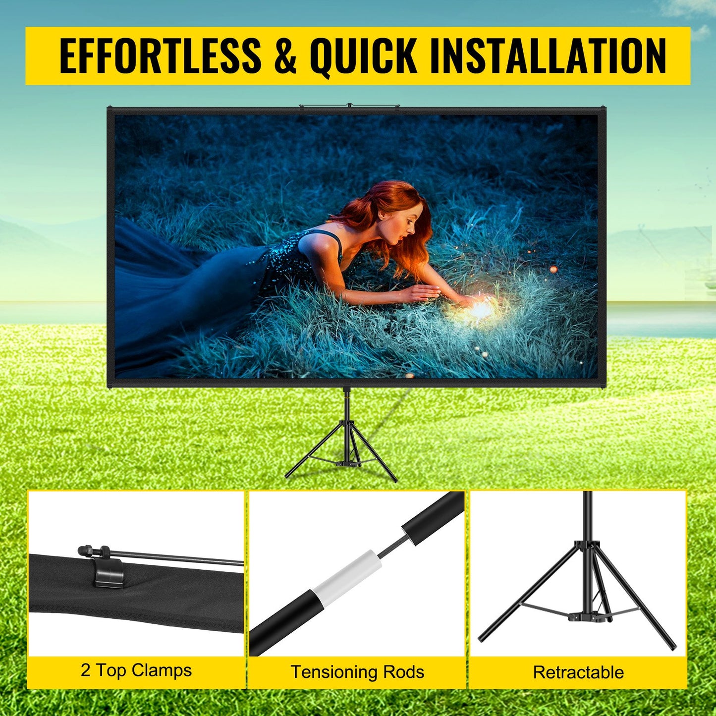 Tripod Projector Screen with Stand 110inch 16:9 4K HD Projection Screen Stand Wrinkle-Free Height Adjustable Portable Screen for Projector Indoor & Outdoor for Movie, Home Cinema, Gaming, Office