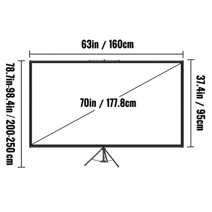 Tripod Projector Screen with Stand 70 inch 16:9 4K HD Projection Screen Stand Wrinkle-Free Height Adjustable Portable Screen for Projector Indoor & Outdoor for Movie, Home Cinema, Gaming, Office