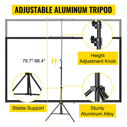 Tripod Projector Screen with Stand 90 inch 16:9 4K HD Projection Screen Stand Wrinkle-Free Height Adjustable Portable Screen for Projector Indoor & Outdoor for Movie, Home Cinema, Gaming, Office