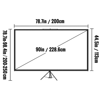 Tripod Projector Screen with Stand 90 inch 16:9 4K HD Projection Screen Stand Wrinkle-Free Height Adjustable Portable Screen for Projector Indoor & Outdoor for Movie, Home Cinema, Gaming, Office