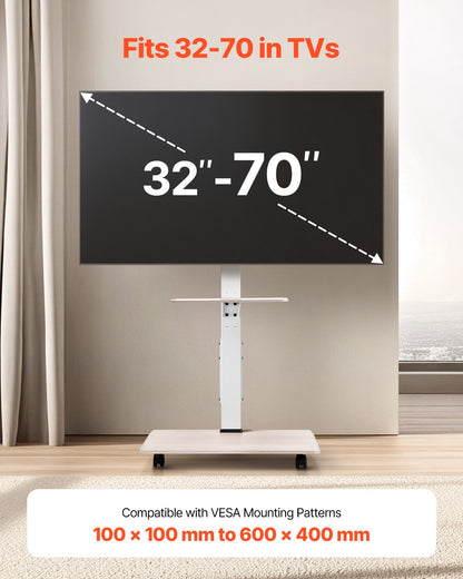 Rolling TV Stand, Mobile TV Cart for 32-70 Inch Screens, 25° Left-Right Rotation and Height Adjustable TV Mount with Tray, Holds up to 88 lbs for Corner, Bedroom, Outdoor, Max VESA 600x400mm
