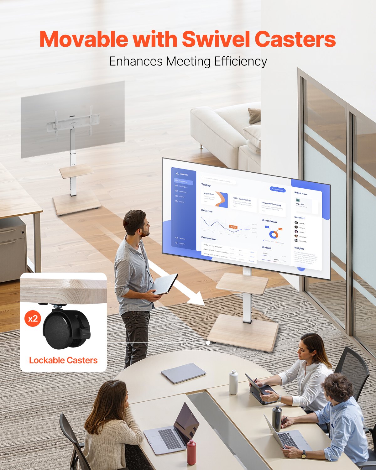 Rolling TV Stand, Mobile TV Cart for 32-70 Inch Screens, 25° Left-Right Rotation and Height Adjustable TV Mount with Tray, Holds up to 88 lbs for Corner, Bedroom, Outdoor, Max VESA 600x400mm