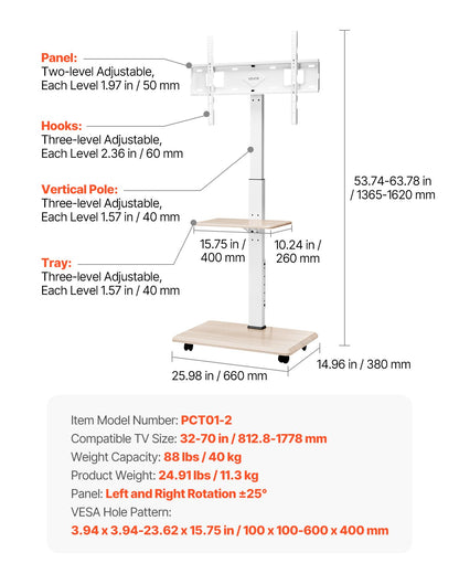Rolling TV Stand, Mobile TV Cart for 32-70 Inch Screens, 25° Left-Right Rotation and Height Adjustable TV Mount with Tray, Holds up to 88 lbs for Corner, Bedroom, Outdoor, Max VESA 600x400mm