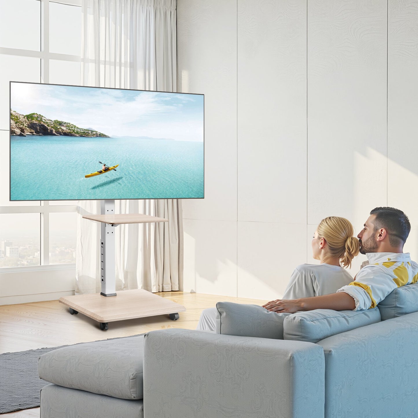 Rolling TV Stand, Mobile TV Cart for 32-70 Inch Screens, 25° Left-Right Rotation and Height Adjustable TV Mount with Tray, Holds up to 88 lbs for Corner, Bedroom, Outdoor, Max VESA 600x400mm