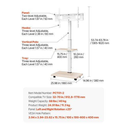 Rullande TV-stativ Mobil TV-vagn Rymmer upp till 36 kg för 32-70 tums skärmar |  EU