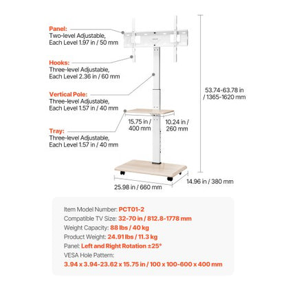 Rullande TV-stativ Mobil TV-vagn Rymmer upp till 36 kg för 32-70 tums skärmar |  EU