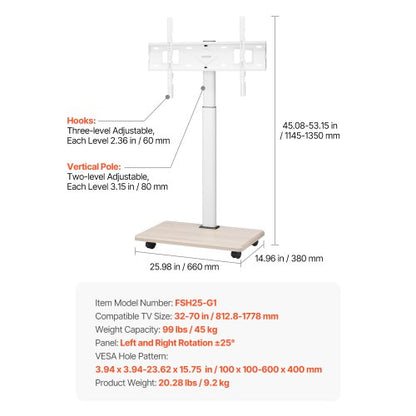 Rullande TV-stativ Mobil TV-vagn Rymmer upp till 49 kg för 32-70 tums skärmar |  EU