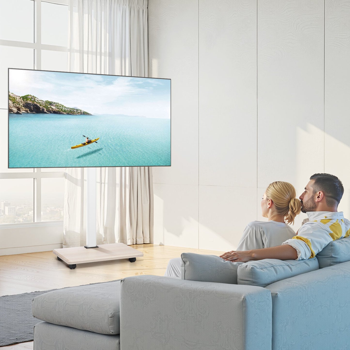 Rolling TV Stand, Mobile TV Cart for 32-70 Inch Screens, 25° Left-Right Rotation and Height Adjustable TV Mount on Wheels, Holds up to 99 lbs for Corner, Bedroom, Outdoor, Max VESA 600x400mm