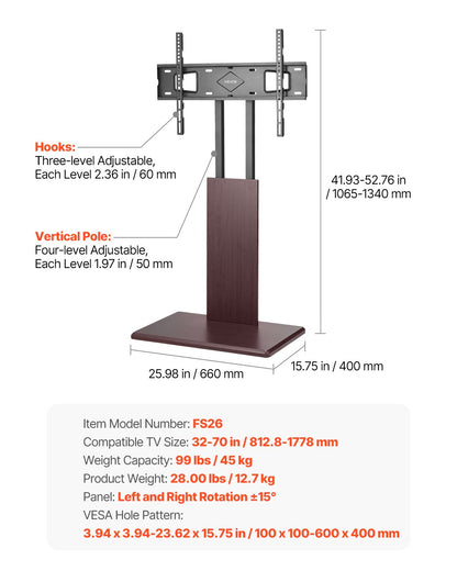 Universal TV Stand, Table Top TV Stand for 32-70 inch Screens, Swivel and Height Adjustable TV Mount Stand Holds up to 99 lbs with Power Strip, for Living Room, Bedroom, MAX VESA 600 x 400 mm