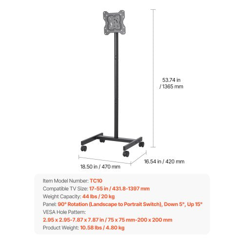 Rollender TV-Ständer Mobiler TV-Wagen Hält bis zu 20 kg für 17-55 Zoll Bildschirme | EU