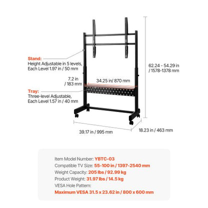 Rullande TV-stativ Mobil TV-vagn Rymmer upp till 90 kg för 55-100 tums TV-apparater |  EU