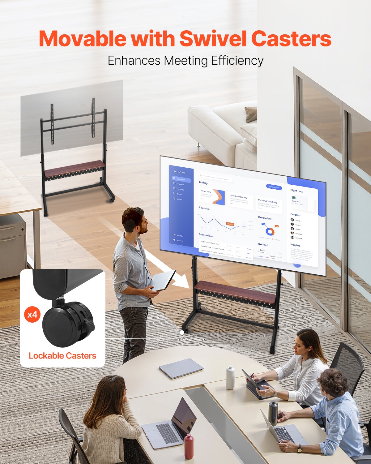 Rolling TV Stand, Mobile TV Cart for 55-100 Inch Screens, Height Adjustable Portable Monitor Stand with Tray, Holds up to 205 lbs for Living Room, Bedroom, Office, Outdoor Max VESA 800 x 600 mm