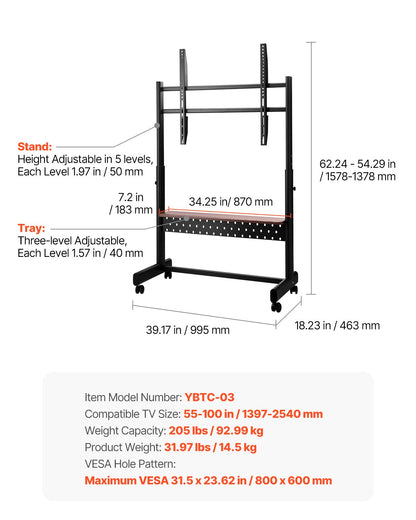 Rolling TV Stand, Mobile TV Cart for 55-100 Inch Screens, Height Adjustable Portable Monitor Stand with Tray, Holds up to 205 lbs for Living Room, Bedroom, Office, Outdoor Max VESA 800 x 600 mm