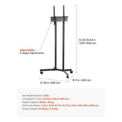 Rollender TV-Ständer Mobiler TV-Wagen Hält bis zu 36 kg für 32-65 Zoll Bildschirme | EU