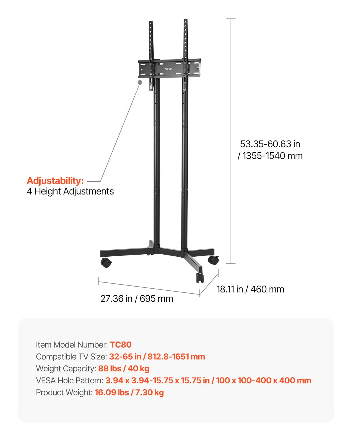 Rolling TV Stand, Mobile TV Cart for 32-65 Inch Screens, Height Adjustable, Portable Monitor Stand with Wheels Holds up to 88 lbs for Living Room, Bedroom, Office, Outdoor, Max VESA 400x400mm
