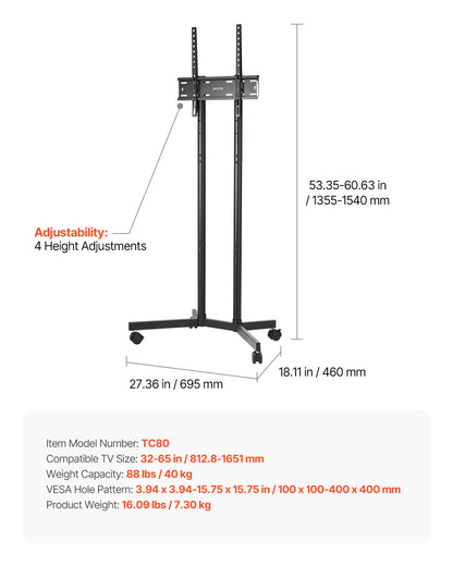 Rolling TV Stand, Mobile TV Cart for 32-65 Inch Screens, Height Adjustable, Portable Monitor Stand with Wheels Holds up to 88 lbs for Living Room, Bedroom, Office, Outdoor, Max VESA 400x400mm