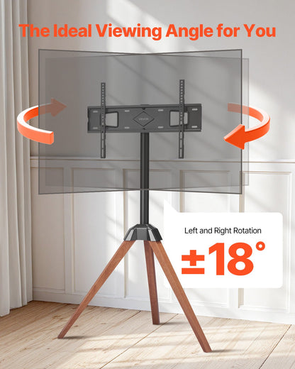Tripod Easel TV Stand, for 40-65 inch Flat Screen/Curved TVs Up to 99 lbs, 18° Left-Right Rotation Portable TV Stand with Oak Wood Legs, for Bedroom, Living Room, Studio, MAX VESA 600 x 400 mm