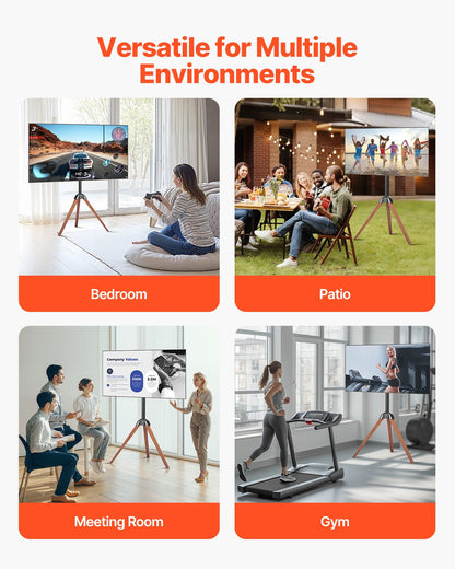 Tripod Easel TV Stand, for 40-65 inch Flat Screen/Curved TVs Up to 99 lbs, 18° Left-Right Rotation Portable TV Stand with Oak Wood Legs, for Bedroom, Living Room, Studio, MAX VESA 600 x 400 mm