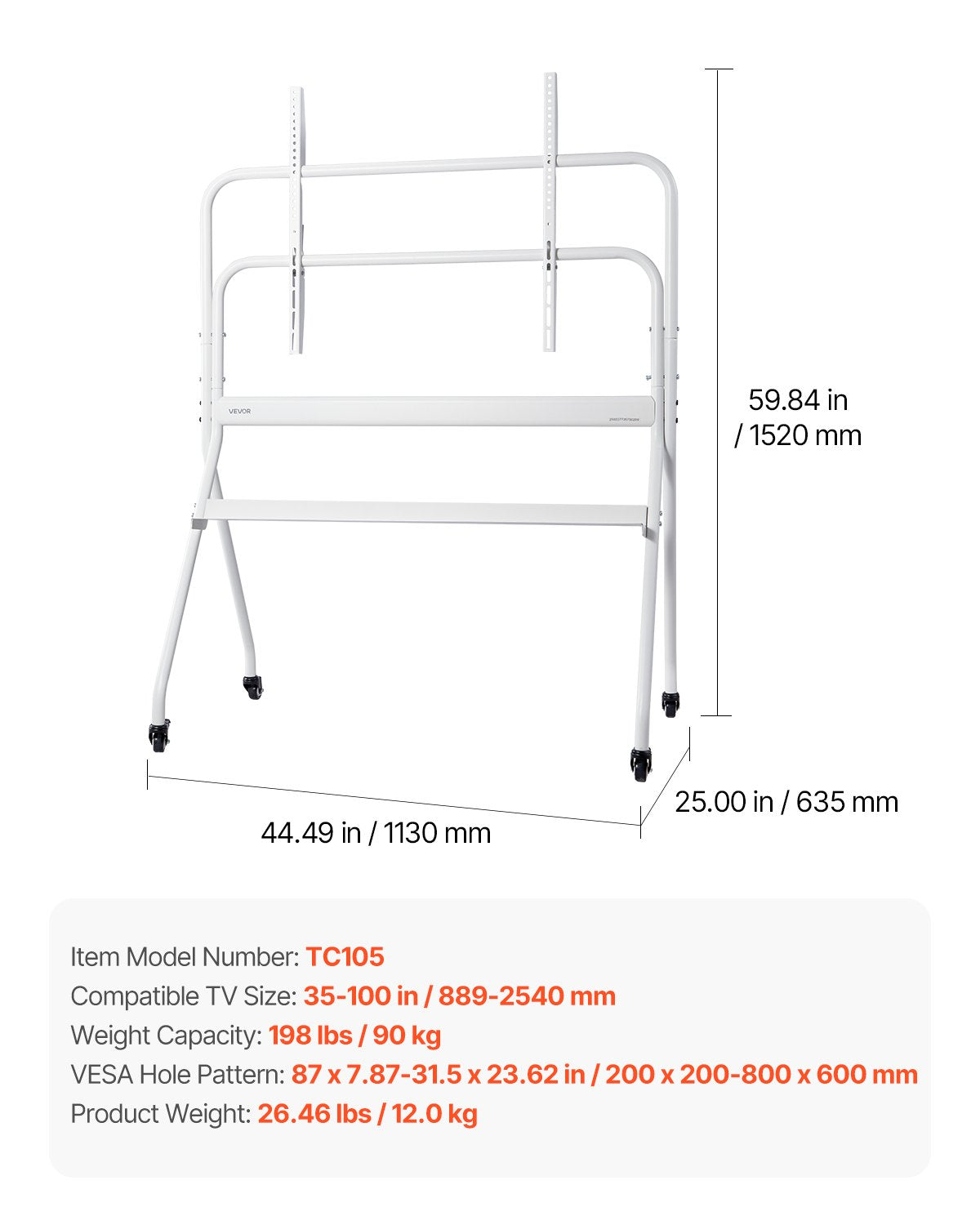 Rolling TV Stand, Mobile TV Cart for 35-100 Inch LED/LCD/OLED Flat/Curved TVs, Portable Monitor Stand with Wheels Hold up to 198 lbs for Living Room, Bedroom, Office, Outdoor, Max VESA 800x600mm