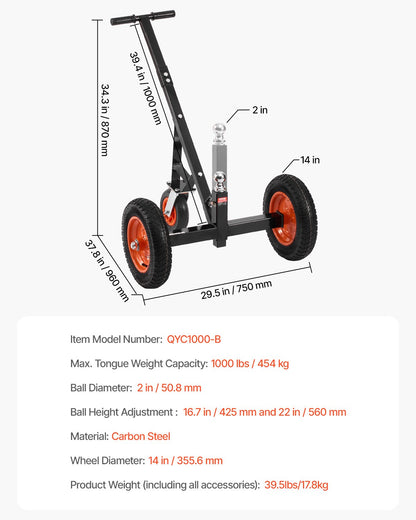 1000lbs Anhänger Dolly 16,7 und 22 in Einstellbare Höhe 2 in Kugel 14 in Reifen