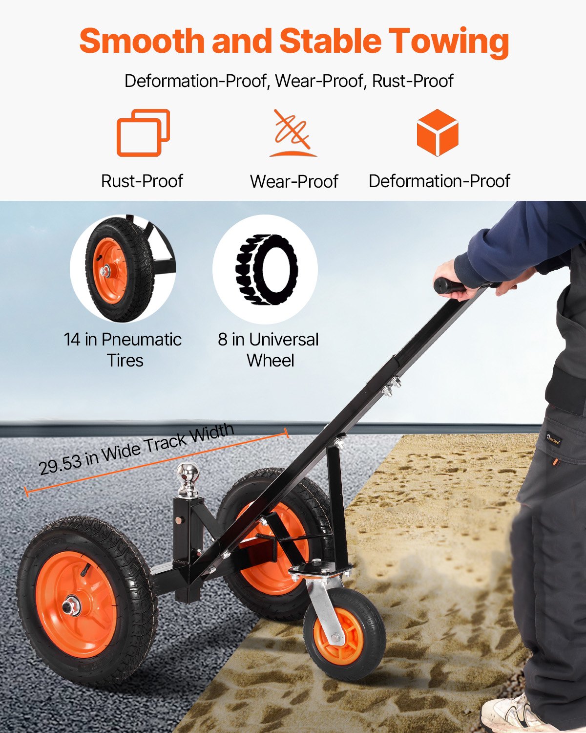 Heavy-Duty Trailer Dolly, 1000lbs Tongue Weight Capacity, Carbon Steel Trailer Mover with 2 inch Ball, 14 inch Pneumatic Tires, Portable Tow Dolly for Moving RV Trailer