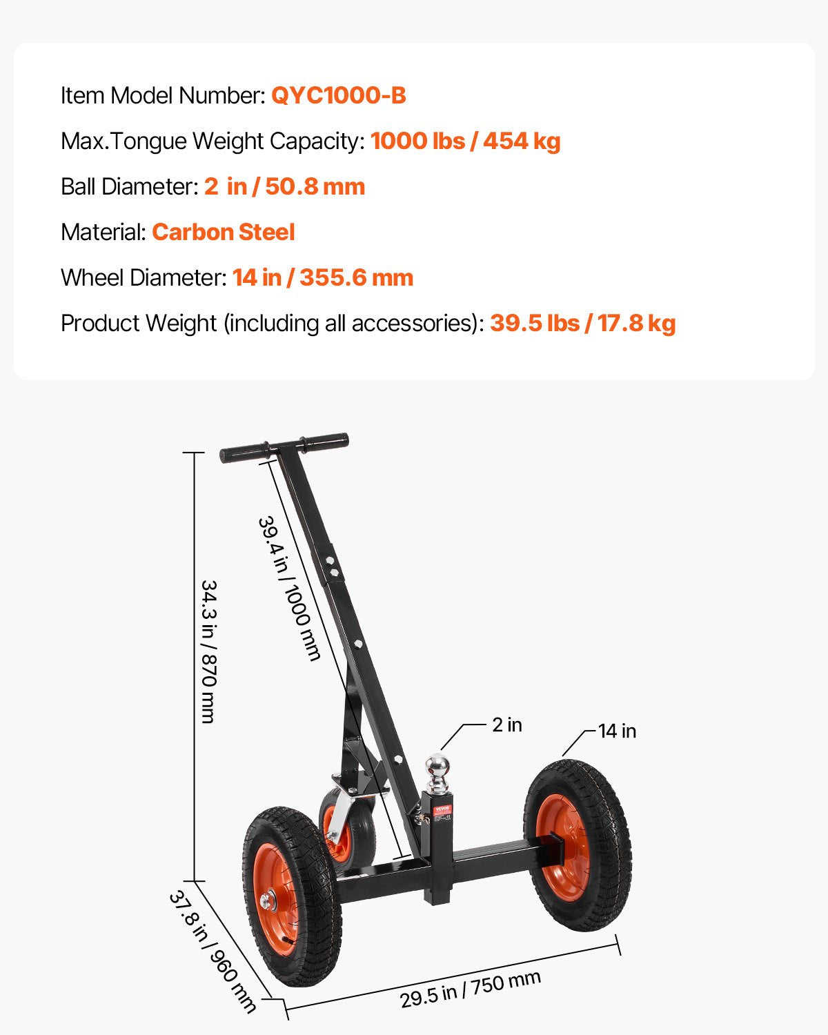 Heavy-Duty Trailer Dolly, 1000lbs Tongue Weight Capacity, Carbon Steel Trailer Mover with 2 inch Ball, 14 inch Pneumatic Tires, Portable Tow Dolly for Moving RV Trailer