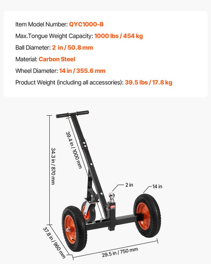 Heavy-Duty Trailer Dolly, 1000lbs Tongue Weight Capacity, Carbon Steel Trailer Mover with 2 inch Ball, 14 inch Pneumatic Tires, Portable Tow Dolly for Moving RV Trailer