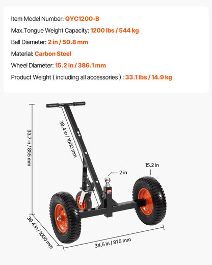 Heavy-Duty Trailer Dolly, 1200lbs Tongue Weight Capacity, Carbon Steel Trailer Mover with 2 inch Ball, 15.2 inch Pneumatic Tires, Portable Tow Dolly for Moving RV Trailer