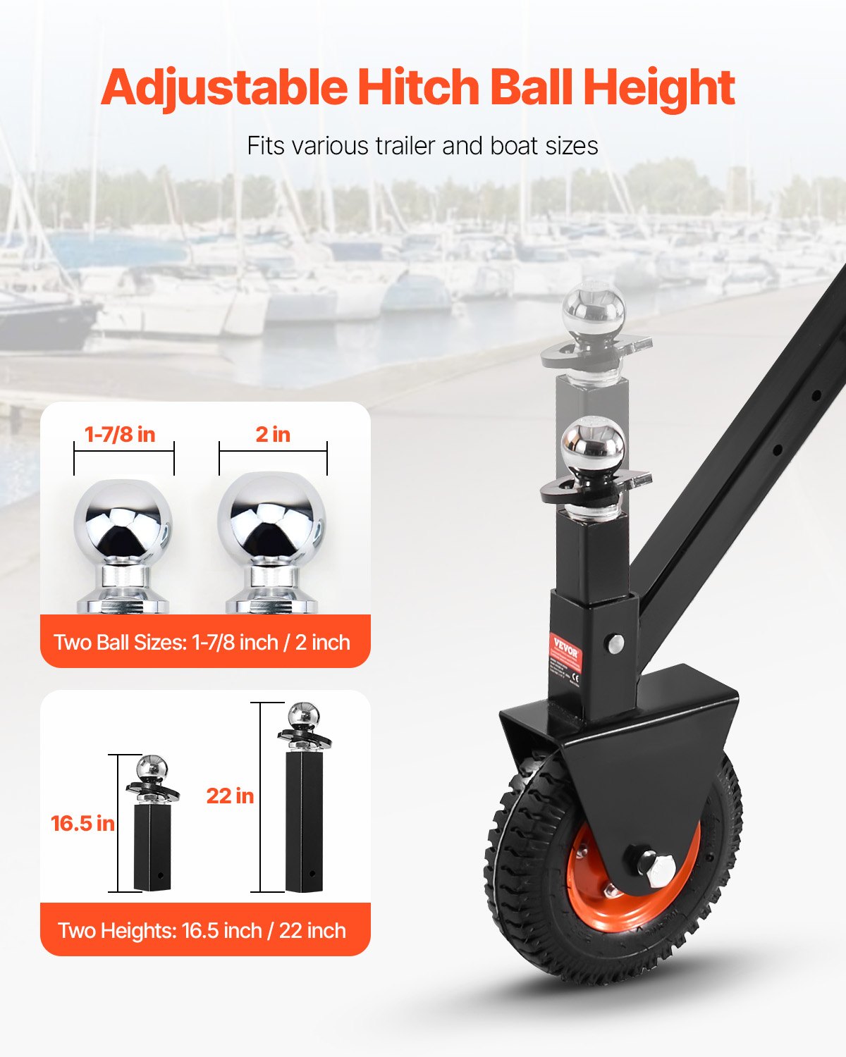 Trailer Dolly, 300lbs Tongue Weight Capacity, 16.5 inch and 22 inch Height Adjustable Trailer Dolly, with 1-7/8 inch and 2 inch Balls, 8.5 inch Pneumatic Rubber Tire, for Moving RV Trailer