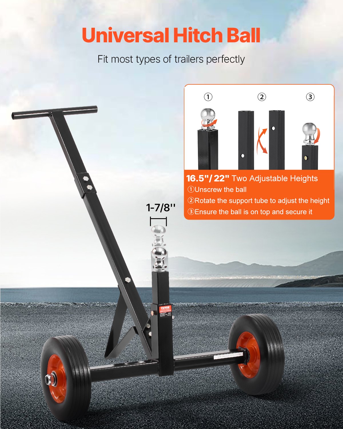 600lbs Trailer Dolly 16.5 and 22 Adjustable Height 1-7/8 in Bulletproof Tires