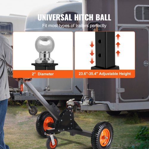 Adjustable Trailer Dolly, 1500lbs Heavy Duty Capacity, 2 in 1 Trailer Mover with 23.6''-35.4'' Adjustable Height &amp; 2'' Ball, 16'' Pneumatic Tires and Universal Wheels, for RV Trailer Moving Car | EU