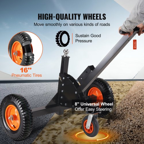 Adjustable Trailer Dolly, 1500lbs Heavy Duty Capacity, 2 in 1 Trailer Mover with 23.6''-35.4'' Adjustable Height &amp; 2'' Ball, 16'' Pneumatic Tires and Universal Wheels, for RV Trailer Moving Car | EU