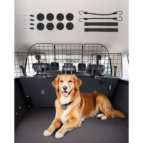 Dog Car Barrier, 38.5"-61.6" Adjustable Car Divider for Trunk Cargo Area, Universal-Fit Back Seat Heavy-Duty Wire Mesh Dogs Separator Guard Net, Vehicle Pet Barrier for Sedans, Trucks and SUVs