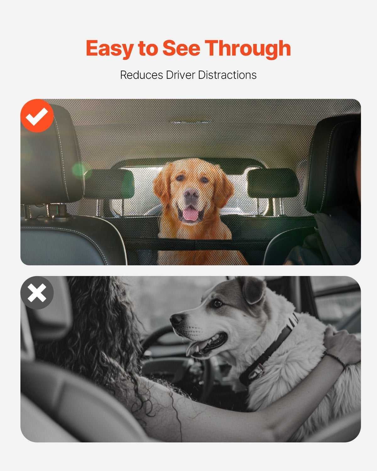 Dog Car Barrier, 50" Wide Car Divider for Front Seats Installation, Vehicle Pet Barrier with See Through Net Mesh, Universal-Fit Dog Car Barrier for Mid-sized Sedans, Trucks, and SUVs, Black