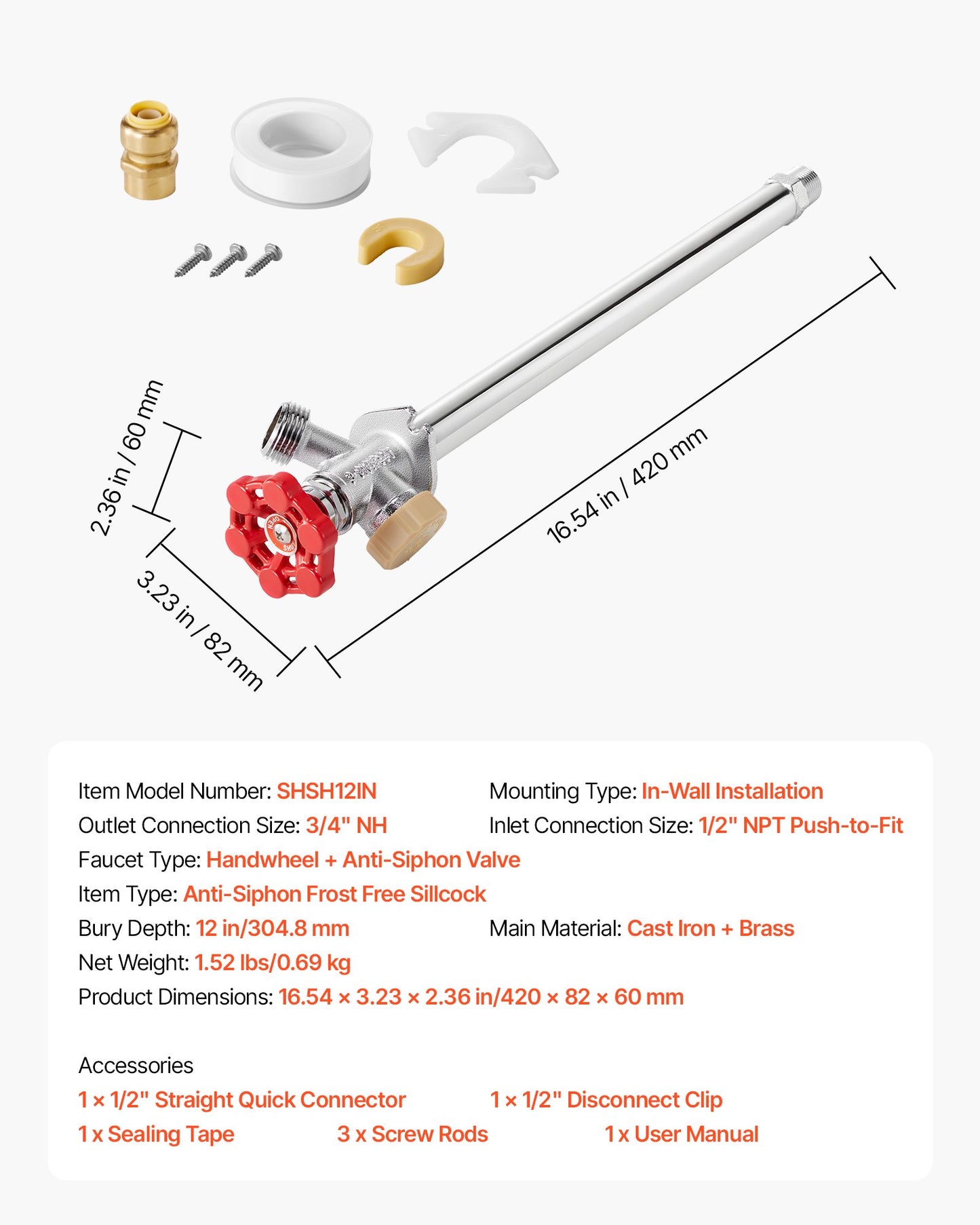 Anti-Siphon Frost-Proof Sillcock, 12" Freeze Proof Outdoor Faucet Bib with Backflow Preventer, 1/2" Push-to-Fit Connector X 3/4" Hose Bibb, No Lead Frost-free Spigot for PEX Copper CPVC Pipes