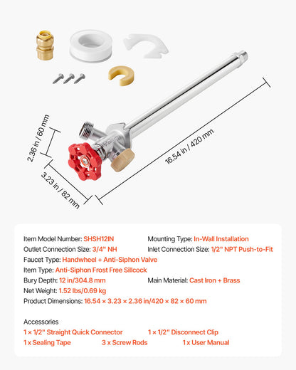 Anti-Siphon Frost-Proof Sillcock, 12" Freeze Proof Outdoor Faucet Bib with Backflow Preventer, 1/2" Push-to-Fit Connector X 3/4" Hose Bibb, No Lead Frost-free Spigot for PEX Copper CPVC Pipes