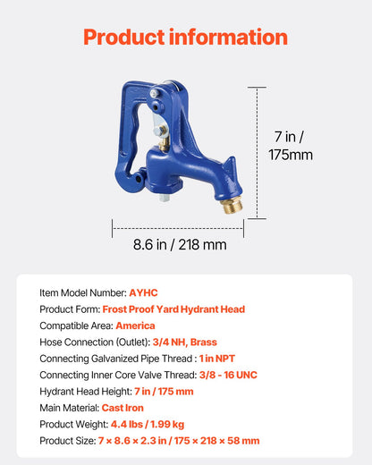 Frost Free Outdoor Faucet, Freeze Proof Yard Hydrant Complete Head Assembly, with 1" NPT Galvanized Pipe Thread & 3/4" Hose Connection for Yard, Garden, Pasture Irrigation (Pipe Not Included)